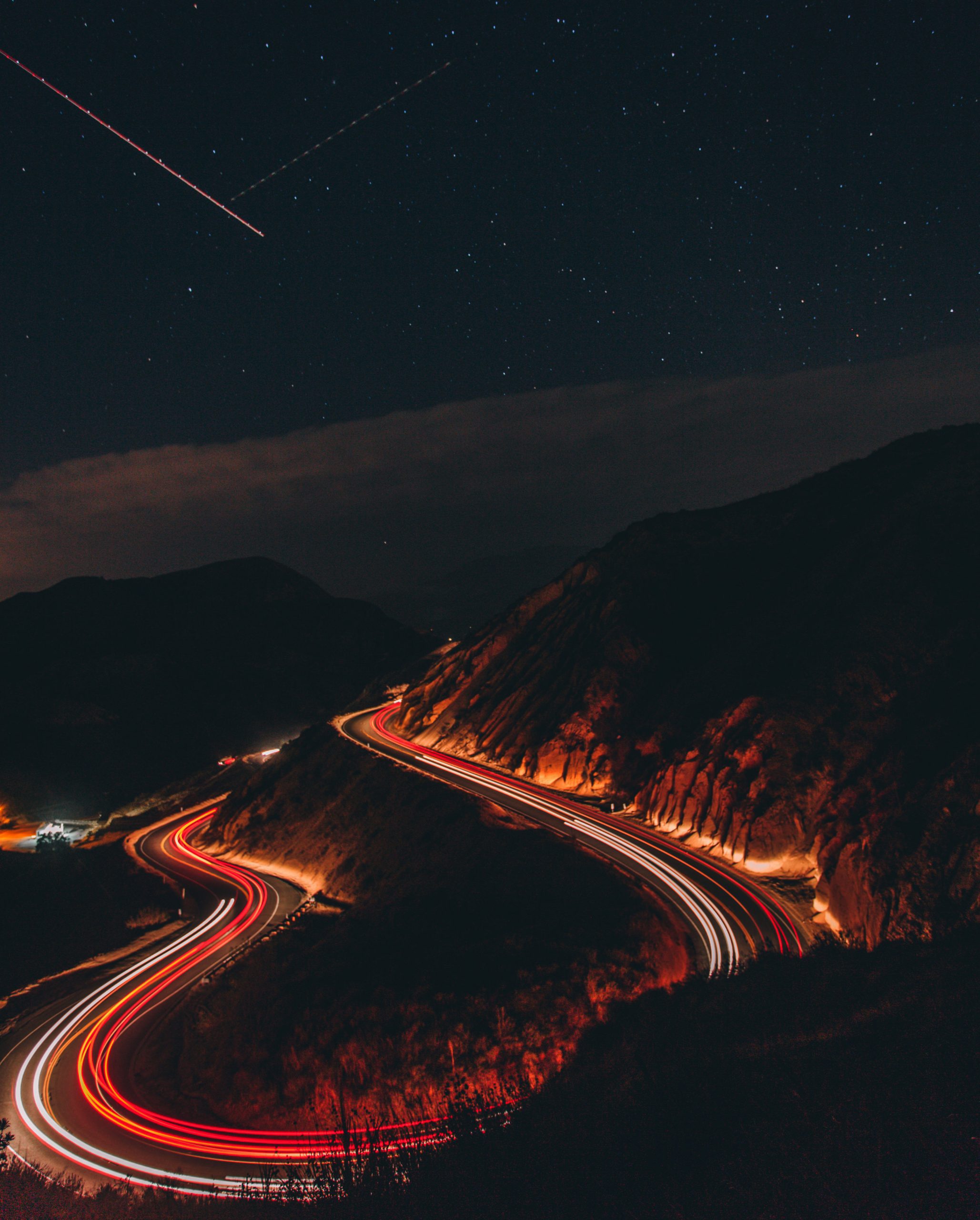 A twisty road illuminated